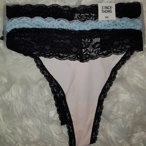 New XXL Thongs, 3 Pack. Lace Trim. Black, White